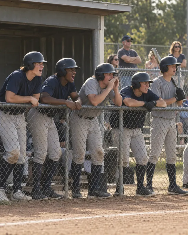 Youth baseball players leaning on the dugout fence