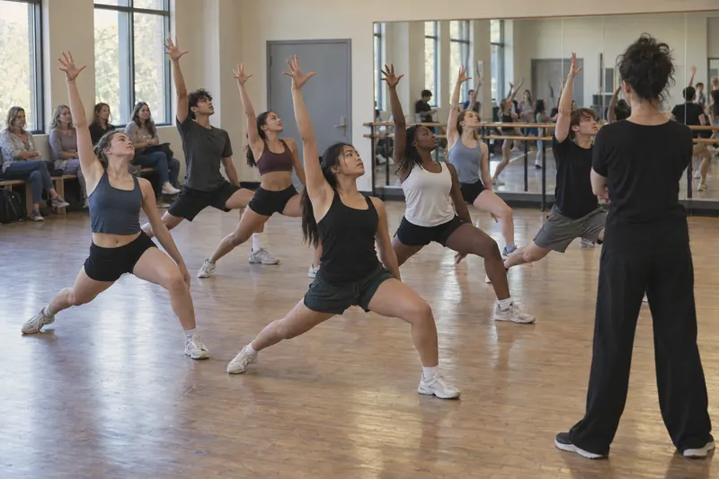 A youth dance class in a mirrored studio