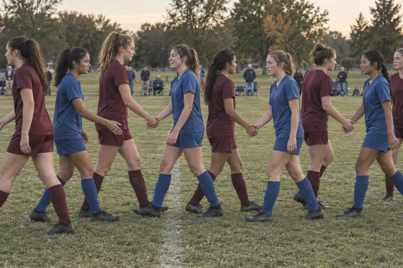 Youth soccer players in an end of game high five line