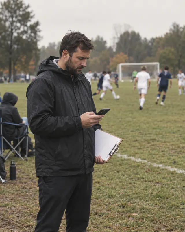 A team manager on a soccer sideline with a clipboard and phone