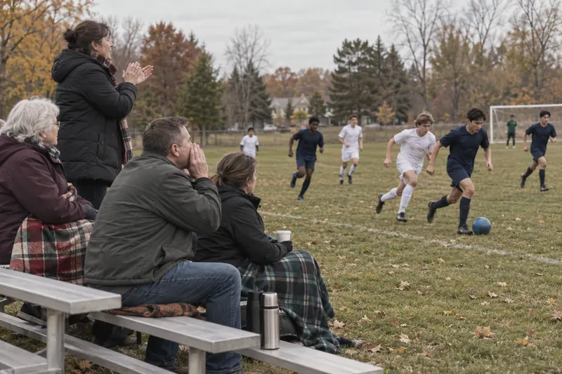 Parents cheering from the bleachers at a youth game