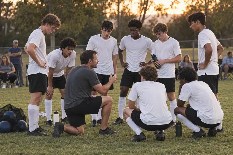 A volunteer coach with a huddle of soccer players