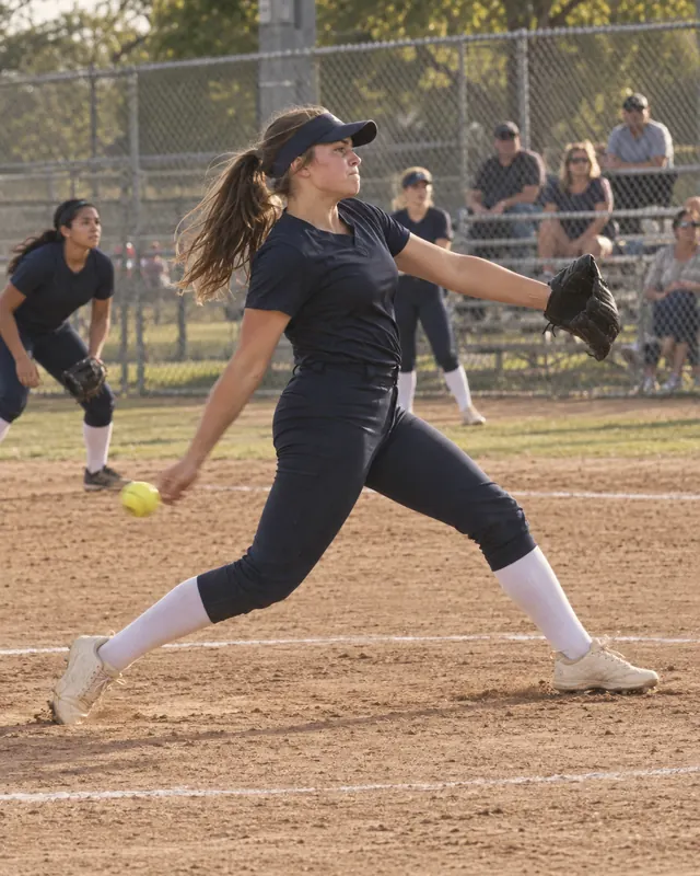 A girl pitching in a youth softball game