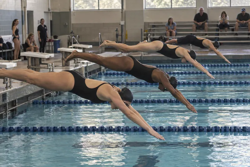 Swimmers diving off the starting blocks at a swim meet