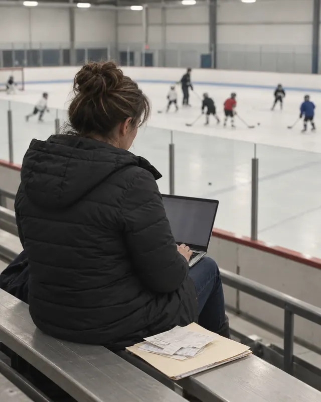A parent in the rink bleachers with a laptop and a folder of receipts
