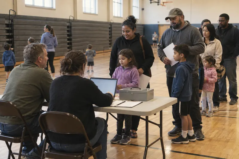 Parent volunteers at a registration table in a school gym